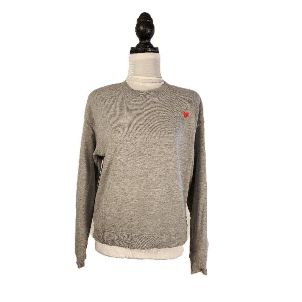 Divided Women's Size Small Gray Sweatshirt Top with Embroidered Red Heart Detail